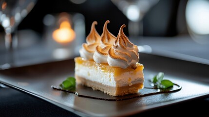 Slice of dessert on a black rectangular plate. the dessert appears to be a lemon meringue pie with a layer of white cream on top.