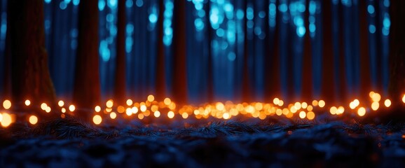 Fototapeta premium Enchanting night forest, glowing lights, dark trees, fantasy background
