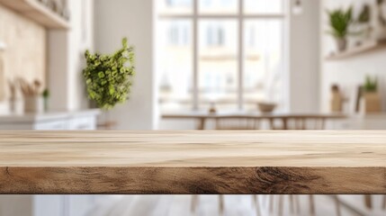 Fototapeta premium Wooden kitchen counter on blurred white home interior. Perfect for displaying or adding wooden elements to your dining background.