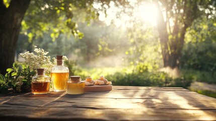 Wooden table on a farm, surrounded by nature, provides a beautiful display for products such as food and perfume. The morning sunlight adds to the ambiance.