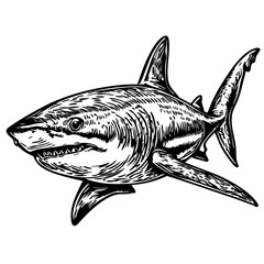 Classic Shark Artwork High-Contrast Black-and-White Art, Sketch, No Background 
