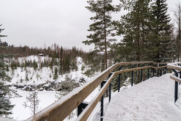 Winter in the park. Karelia Ruskeala Nature Reserve in winter. It is snowing in the forest.