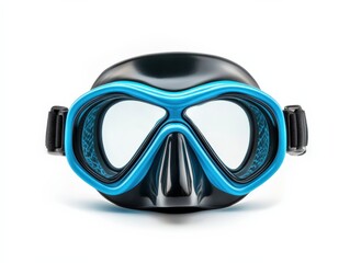 blue and black diving mask isolated on white background