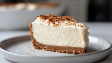 Slice of cheesecake on a white plate. the cheesecake has a creamy white base with a layer of chocolate on top.