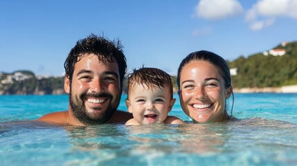 A smiling family with a young son enjoys a refreshing swim in clear blue sea water, under a bright sunny sky.
