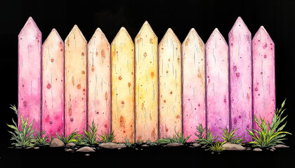 Gradient wooden fence with pastel tones on black background. Rustic picket fence, decorative vintage texture, hand-painted artistic design