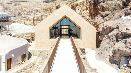 Modern building with glass facade and bridge, situated in a rocky landscape.