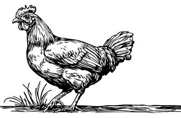 Elegant Illustration of Cartoon Chicken Monochrome Art in High Detail, Sketch, No Background