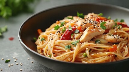 Chinese stir-fried noodles with vegetables, chicken, and sesame seeds, colorful and appetizing 