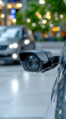 Naklejka premium Modern surveillance camera attached to a vehicle captures urban scenery at night with city lights reflecting on a busy street