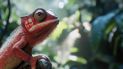 A vibrant red chameleon perched on a branch in a lush forest