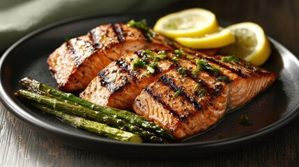 Plate of grilled salmon with asparagus. the salmon is cooked to a golden brown color and has a crispy texture. it is garnished with chopped herbs and two lemon wedges on the side.