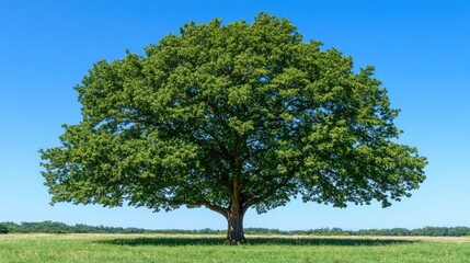 Obraz premium Majestic Oak Tree in a Verdant Meadow Under a Clear Blue Sky