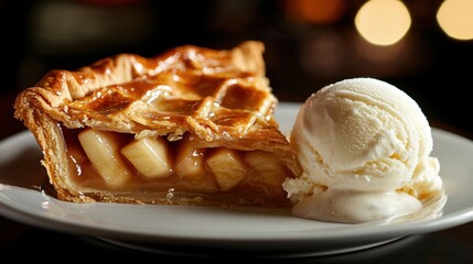 Slice of apple pie on a white plate with a scoop of vanilla ice cream on the side. the pie has a golden brown crust and is filled with sliced apples.