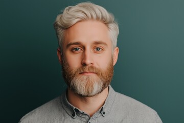 Fototapeta premium Portrait of a middle-aged man with white gray hair, blue eyes and beard,