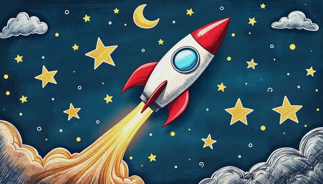 Whimsical rocket illustration soaring into a star-filled sky with playful chalkboard drawings