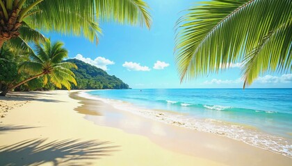 Serene tropical beach with golden sand and turquoise water framed by palm leaves