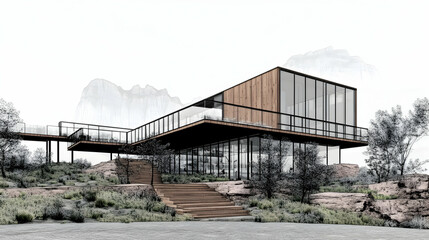 Obraz premium Modern glass and wood house on mountainside.