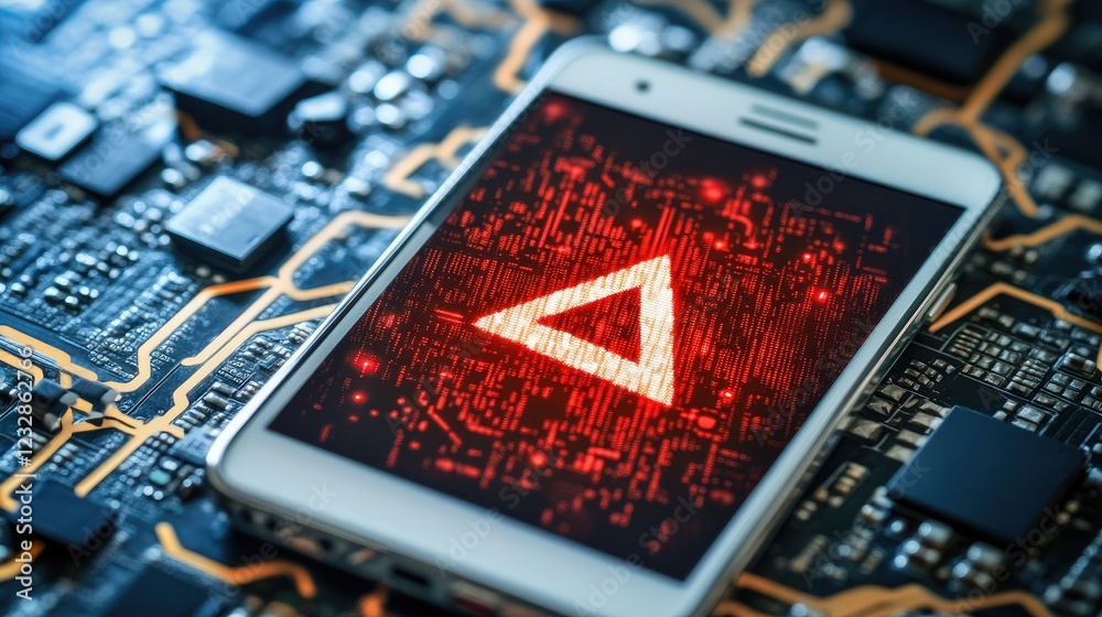 Poster Smartphone Displaying Warning Symbol Over Circuit Board