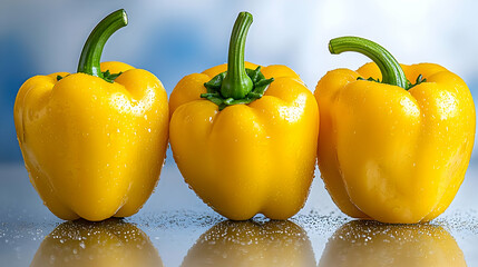 Three ripe yellow bell peppers on a reflective surface. Food photography for recipe blogs