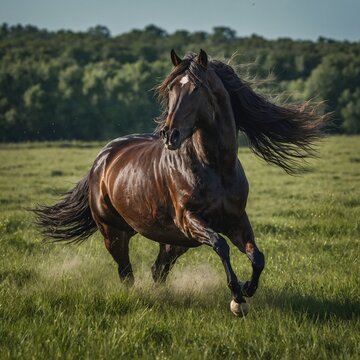 Side view of horse running on field against clear sky,Principado de Asturias,Asturias,Spain. Cena rural Bay Horse Running Through Green Meadow in Summer Standardbred - United States - Primarily used 