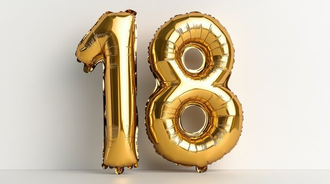 Two shiny golden balloons form the number 18, symbolizing a milestone celebration against a clean, bright background.