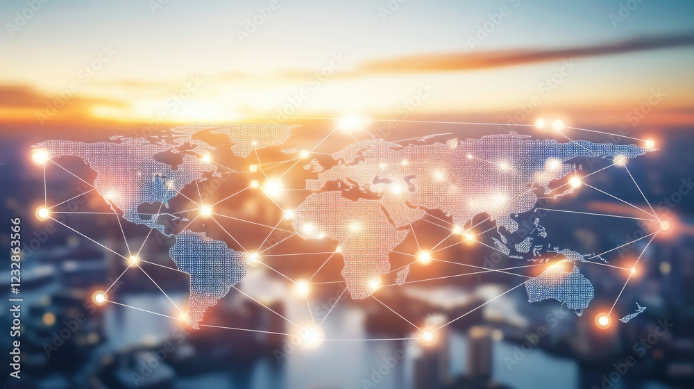 Poster Global Network Connections Illuminating World Map