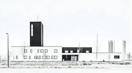 Obraz premium Modern minimalist building exterior; white walls, black tower, simple design.