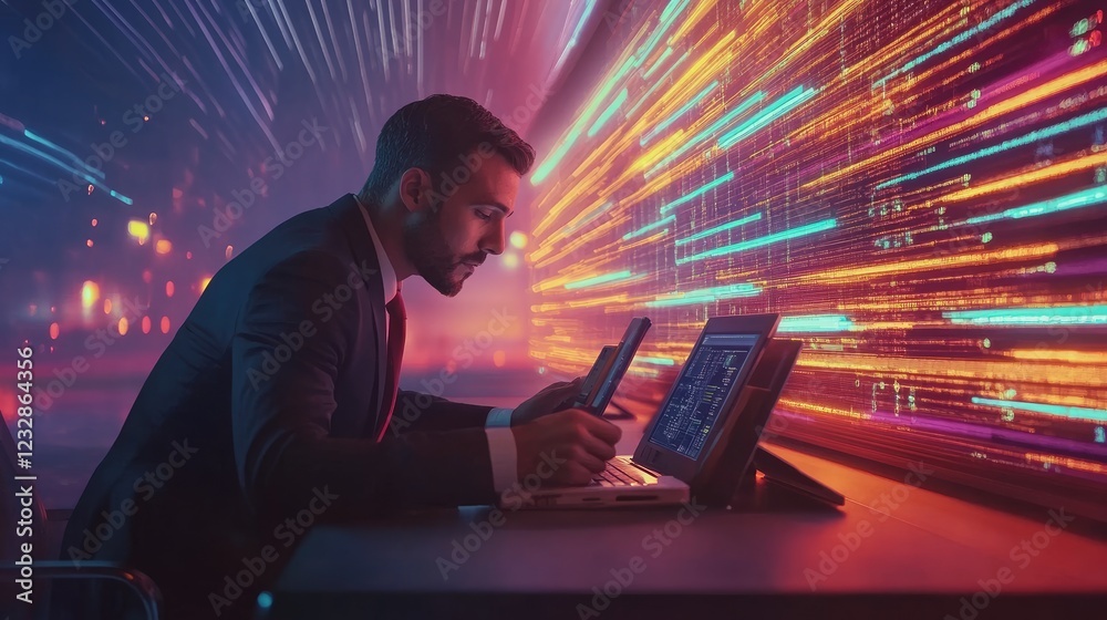 Poster businessman working late reviewing digital data streams