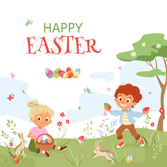 Cheerful Easter card with kids and bunnies. Colorful vector design with boy and girl characters, ideal for print, invitations, flyers, banners and posts. Celebrating festive fun of an Easter egg hunt