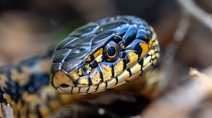 Obraz premium Snake head close-up, forest floor, sunlit, wildlife