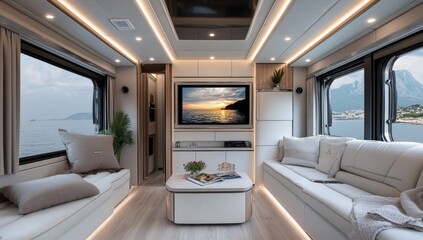 Luxury Yacht Interior: Coastal View from a Modern Living Space