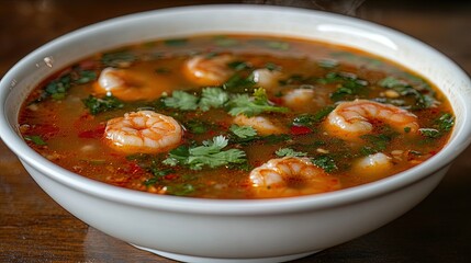 Bowl of Thai tom yum soup with shrimp, lemongrass, and vibrant herbs, aromatic and spicy 
