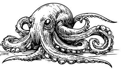 Elegant Illustration of Cartoon Kraken Monochrome Art in High Detail, Sketch, No Background