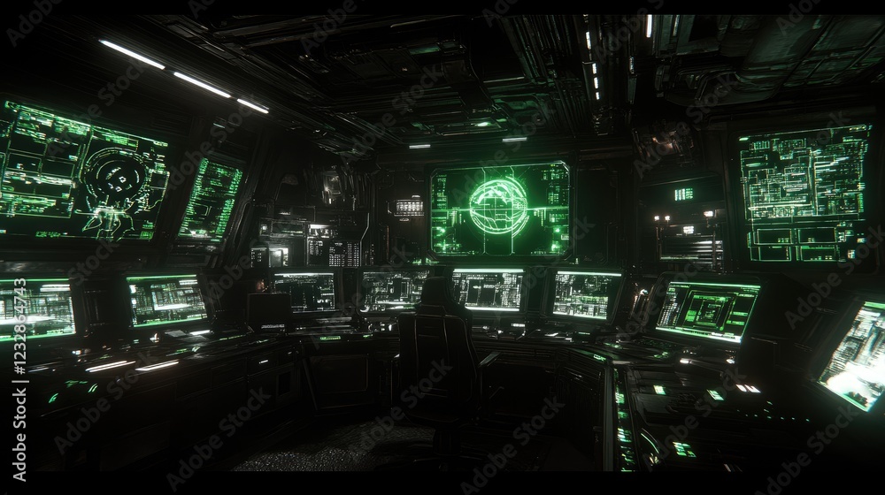 Poster Futuristic Control Room With Green Screens Displaying Data