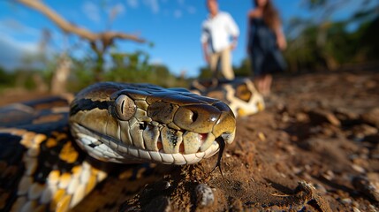 Fototapeta premium Python close-up, couple background, tropical path, wildlife encounter