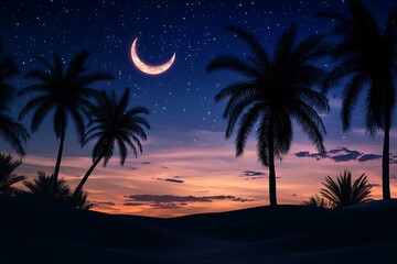 Obraz premium A Peaceful Desert Night Scene Featuring Silhouettes and Stars
