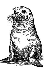 Fantasy Seal Sketch High-Detail Monochrome Illustration, Sketch, No Background