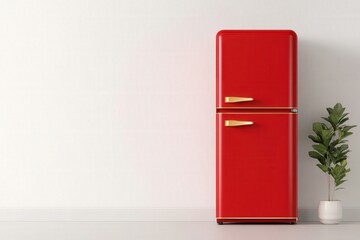 red retro refrigerator against a white wall with a small plant