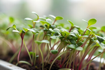 Microgreens Rooftop Farming, Fresh green seedlings sprout from rich soil, thriving in sunlight, symbolizing growth and the beauty of nature.