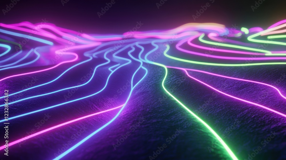 Poster abstract neon lines flowing across a dark surface