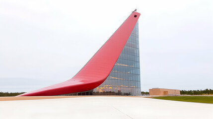 Modern red architecture, glass facade, unique design, exterior view.