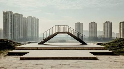 Fototapeta premium Modern stairway structure in urban park setting.