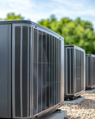 A row of modern air conditioning units with a natural backdrop, emphasizing their sleek design and functionality in outdoor settings.
