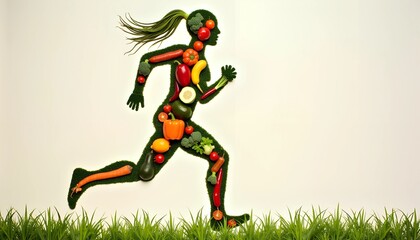 A dynamic silhouette of a person running is crafted from fresh organic fruits and vegetables, demonstrating the energy derived from healthy eating. This artistic display emphasizes wellness