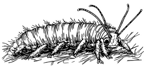 Monochrome Cartoon Caterpillar Exquisite Hand-Drawn Illustration, Sketch, No Background