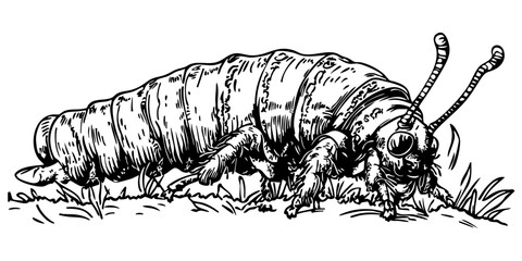 Monochrome Cartoon Caterpillar Exquisite Hand-Drawn Illustration, Sketch, No Background