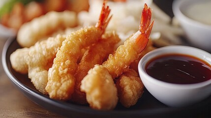 Assorted Japanese tempura on a ceramic plate, crispy golden batter and dipping sauce, close-up detail 