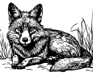 Monochrome Cartoon Fox Exquisite Hand-Drawn Illustration, Sketch, No Background