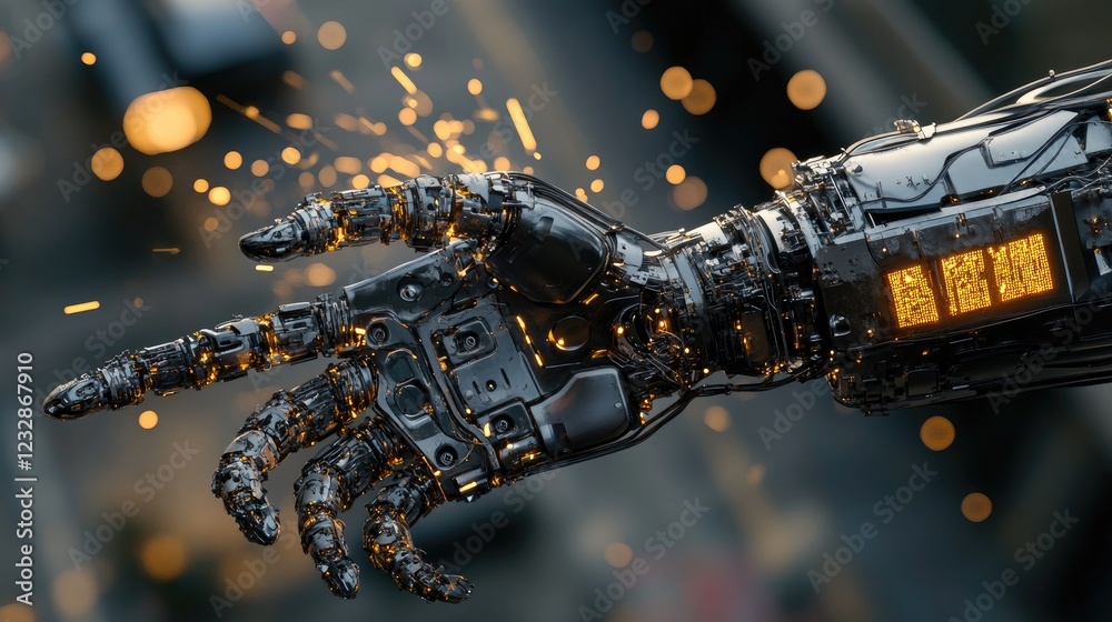 Poster advanced robotic hand with glowing internal components